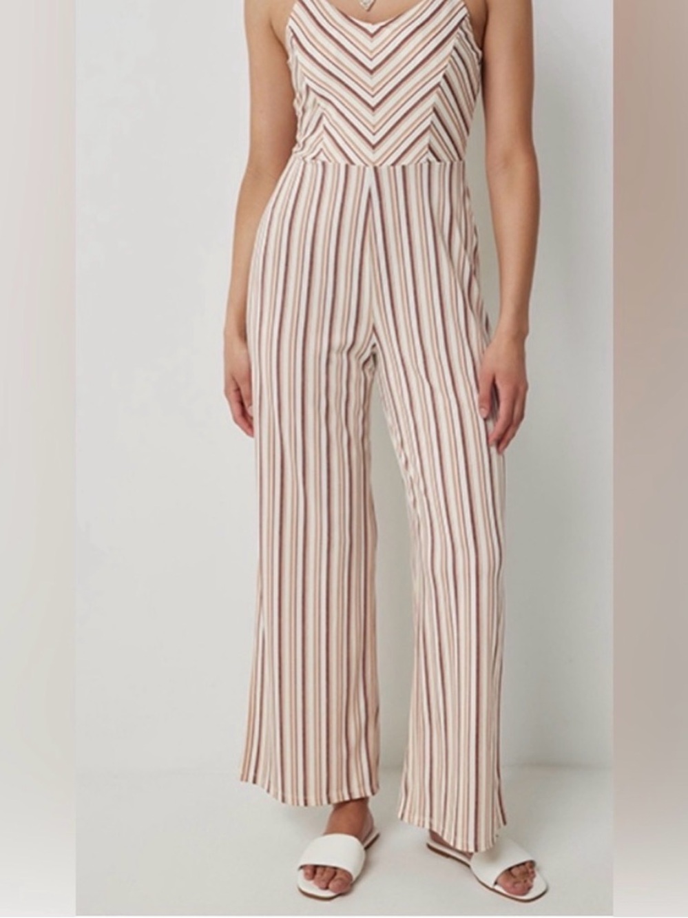 Cream & Tan Striped V-Neck Wide-Leg Jumpsuit